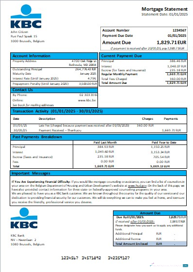 Download Belgium KBC bank mortgage statement scr Photoshop template